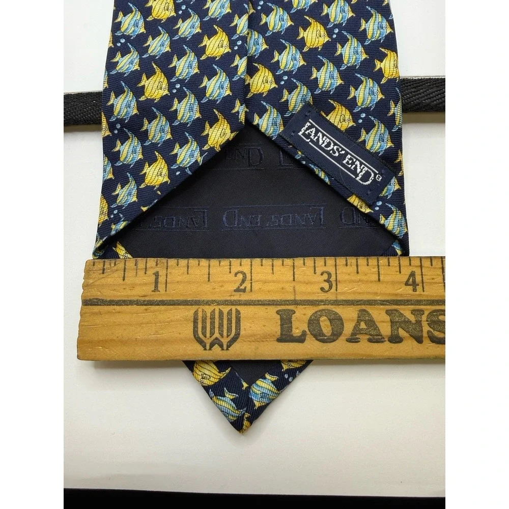 Vintage Lands End Fish‎ Tie Silk USA Navy Tropical Angelfish Extra Long 66